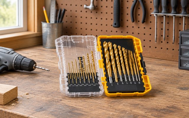 DEWALT 21-piece Pilot Point drill bit set, on a basement workshop bench in front of a pegboard wall