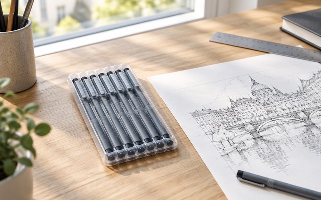 Fineliner set, laid beside a technical pen drawing on a drawing desk by a window