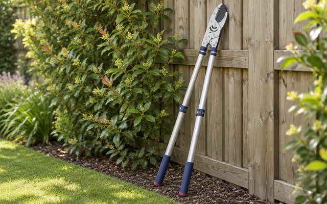 Spear & Jackson telescopic loppers, leaning against a wooden fence beside a tall shrub border