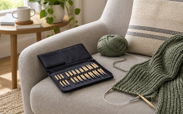 Clover Takumi bamboo needle set, on a living room armchair beside a ball of yarn and a half-knitted scarf