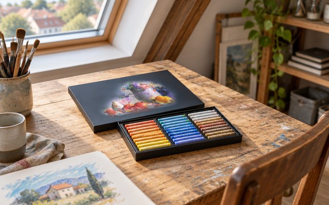Oil pastels, on a drawing board by the window of an attic studio