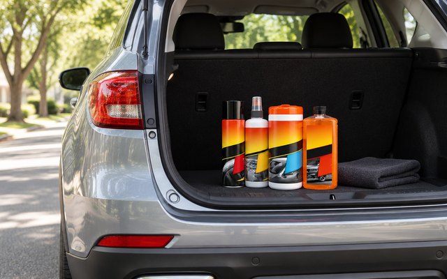 Car care kit of four bottles, standing in the open trunk of a silver crossover parked on a quiet tree-lined street