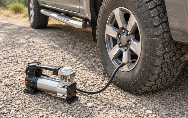 Small portable air compressor on a gravel road beside a pickup truck’s large tire