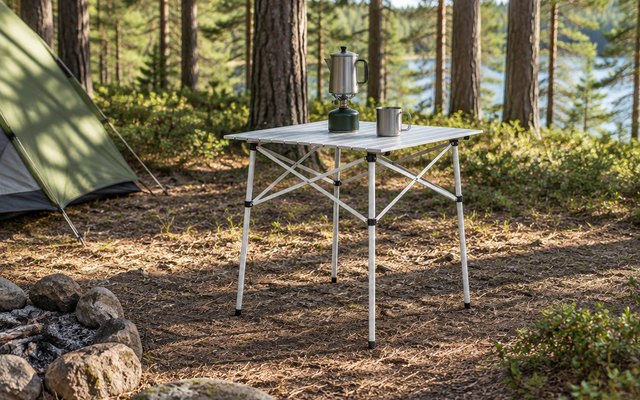 Coleman folding camping table, at a campsite in a pine forest with a camp stove and a coffee pot on top