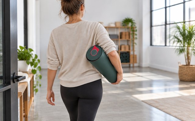 Manduka PRO Yoga Mat, rolled under the arm of a person walking into a bright studio, seen from behind