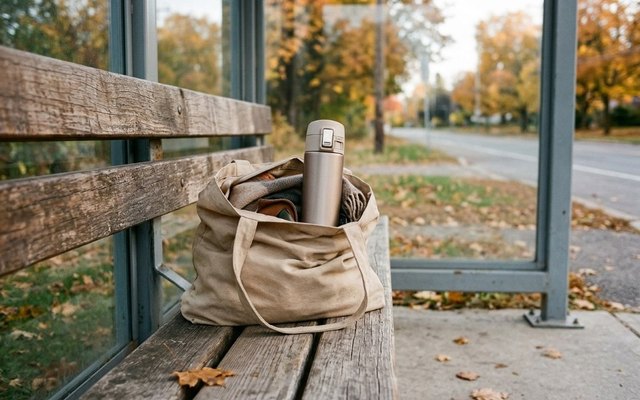Slim champagne-gold travel mug in a canvas tote bag on a bus shelter bench on an autumn morning