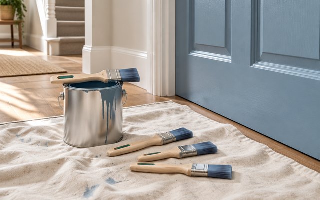 Axus decorating brushes, one across an open paint tin, the others on a dust sheet