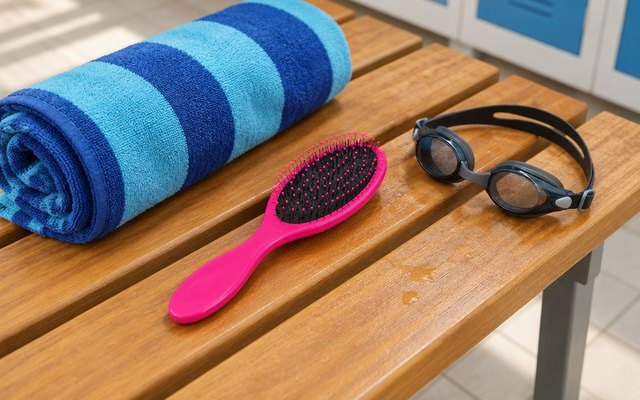Pink detangling brush on a changing-room bench beside a towel and swim goggles