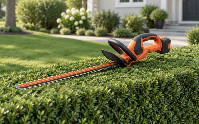 BLACK+DECKER 22-inch hedge trimmer, resting on top of a freshly trimmed boxwood hedge in a suburban front yard