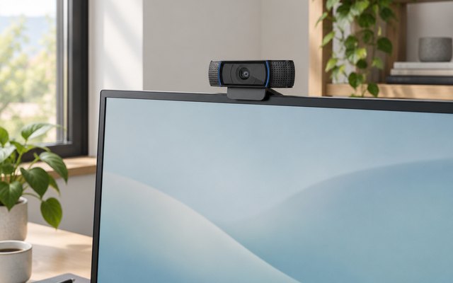 Logitech C920 webcam, on a desk in a home office