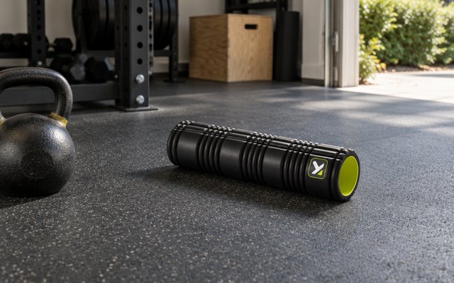 TriggerPoint GRID 2.0 foam roller, on a rubber floor in a garage home gym beside a kettlebell