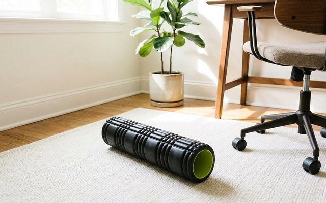 A long black grid foam roller with a lime-green core on a pale rug in the corner of a sunny home office, beside a desk chair and a tall plant
