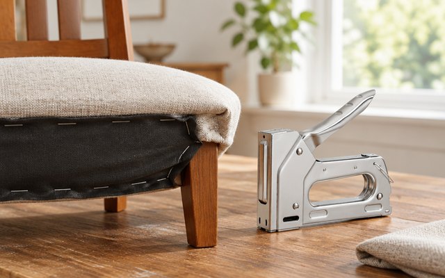 Stanley 6-TR110 staple gun, on a workbench beside a dining chair seat being re-upholstered, fabric stapled underneath