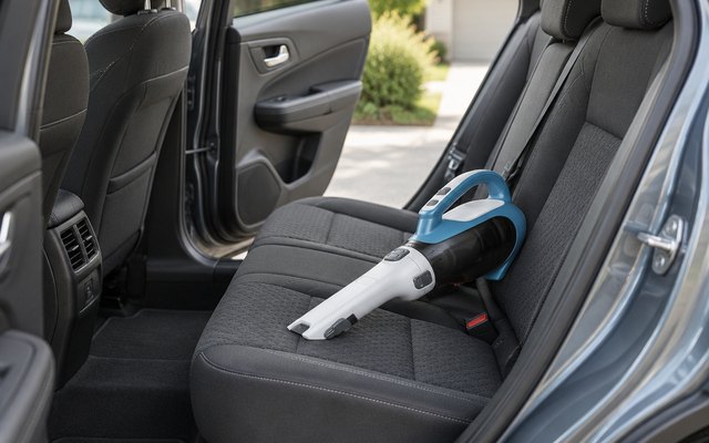 BLACK+DECKER dustbuster, on the back seat of a family SUV with the door open in a driveway