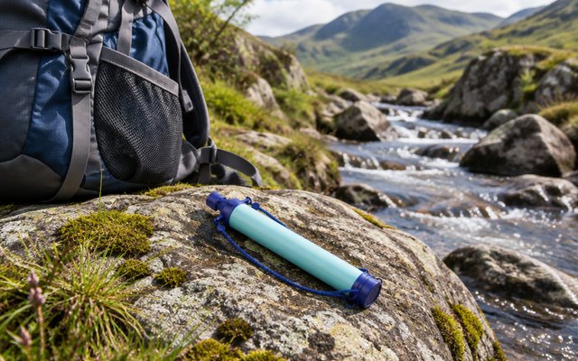 Water filter straw, lying on a rock beside a Lake District stream next to a rucksack