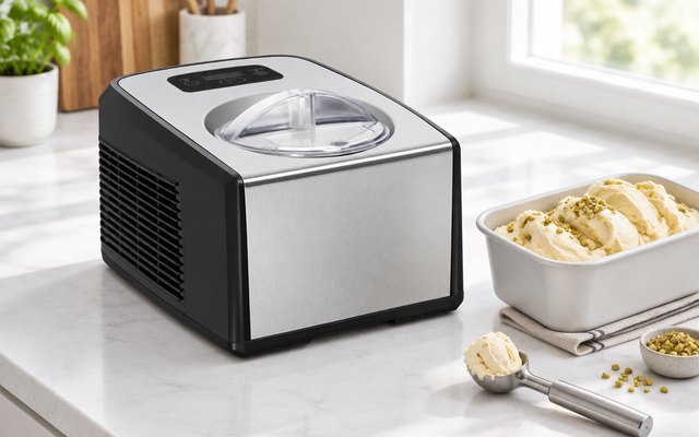 Cuisinart 1.5-Quart Ice Cream and Gelato Maker with Compressor, compressor ice cream maker on a white counter with a tub of gelato and a scoop, soft daylight