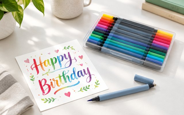 Kuretake ZIG calligraphy markers, on a white desk beside a hand-decorated greeting card