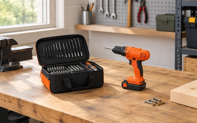 Cordless drill/driver with its accessory case, on a garage workbench, the accessory case open beside the drill