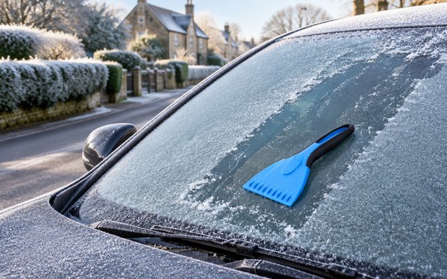 Bosmere ice scraper, on the frosty windscreen of a car on a village street on a winter morning