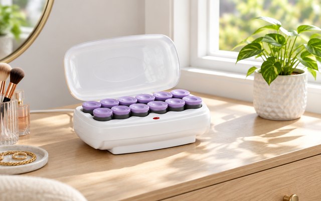 Conair Ceramic hot rollers, on a vanity table by a sunny window beside a small potted plant