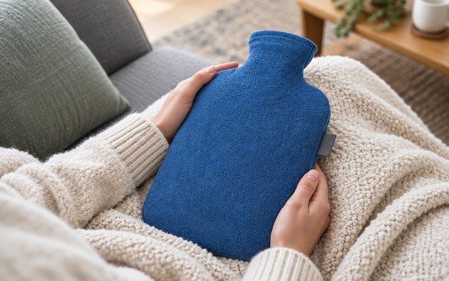 Fashy 2L Hot Water Bottle with Fleece Cover, hot water bottle in a fleece cover resting on a person's lap on a couch under a blanket, hands only