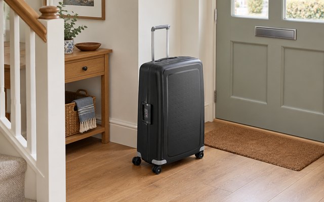 Large suitcase, standing in the hallway of a British home by the front door, ready for a holiday