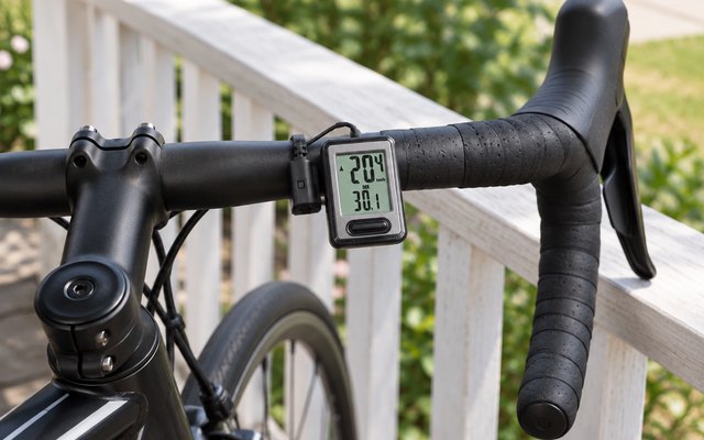 CatEye Velo 7 bike computer, fixed to the handlebar of a road bike leaning against a front porch railing, the computer part of the bike