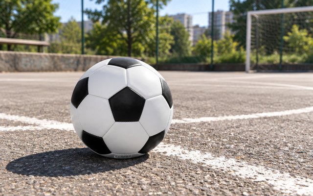Champion Sports Retro Soccer Ball, on a street court with chalk lines, sunny