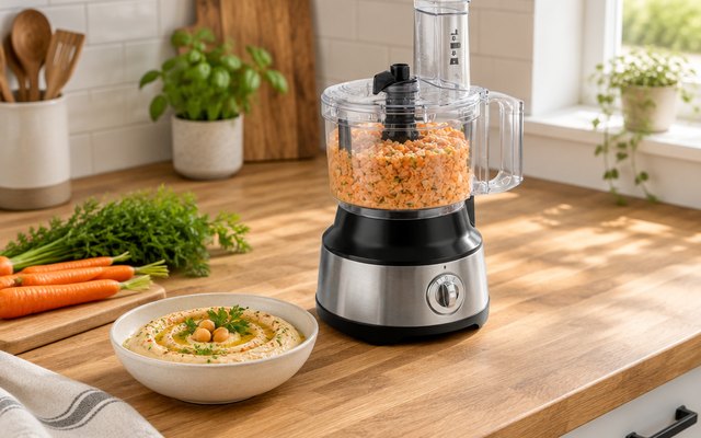Hamilton Beach 10-cup food processor, on a butcher-block counter beside a bowl of hummus and a few carrots