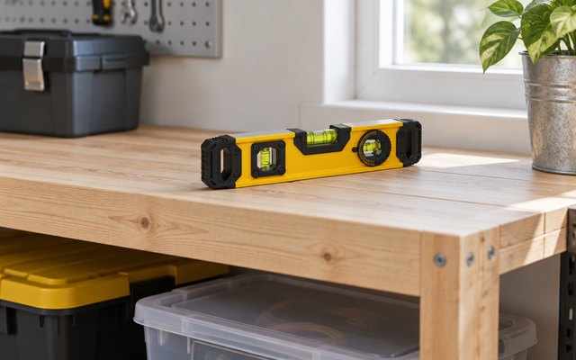 DEWALT torpedo level, lying on top of a newly built wooden shelf in a garage