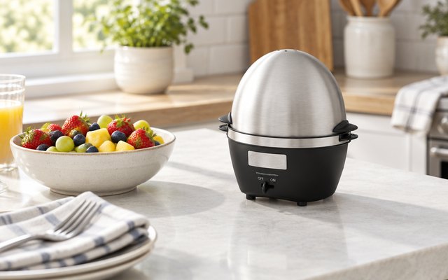 Cuisinart Egg Central egg cooker, on a kitchen island set for a weekend brunch with a bowl of fruit