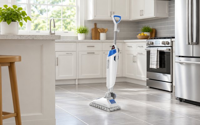 BISSELL PowerFresh steam mop, on a tiled kitchen floor with gray grout in a bright American kitchen