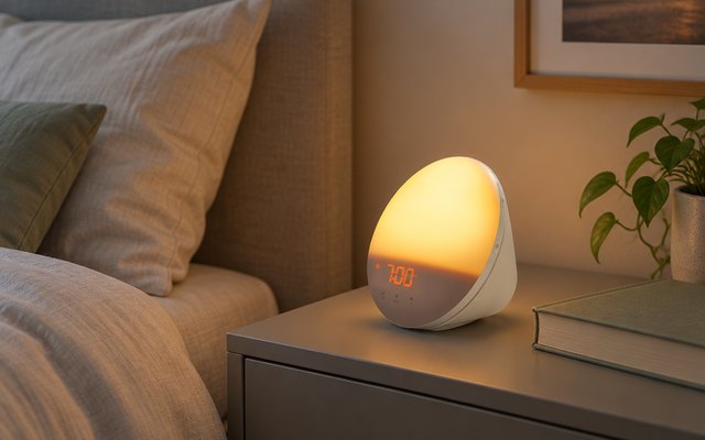 Philips SmartSleep Wake-up Light, on a grey nightstand beside a hardback book in a cozy bedroom with linen bedding