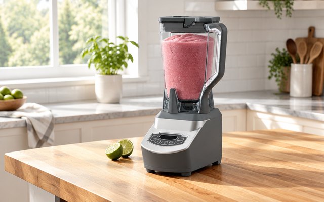 Ninja Professional Blender BL660, on a butcher-block kitchen island by a sunny window, the pitcher filled with a pink frozen drink, a halved lime nearby