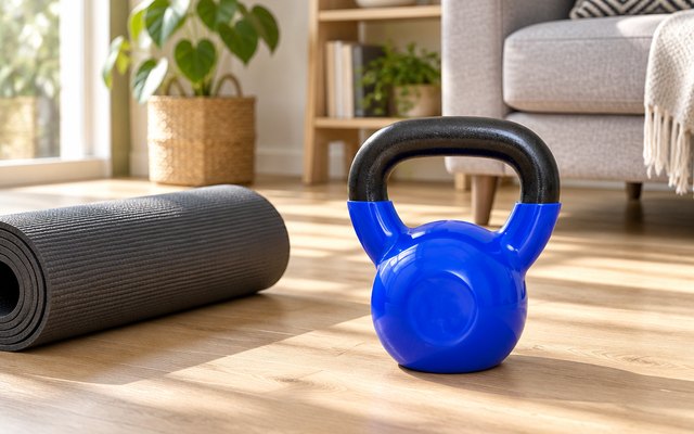 Yes4All Vinyl-Coated Kettlebell, kettlebell on a light wood floor in a sunny living room beside a rolled exercise mat