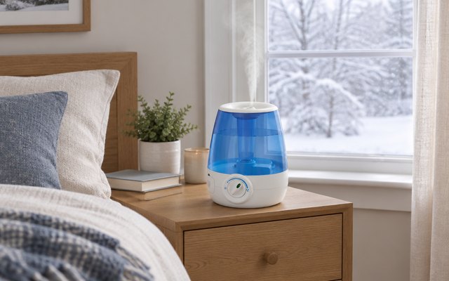 A blue cool mist humidifier on a bedroom nightstand