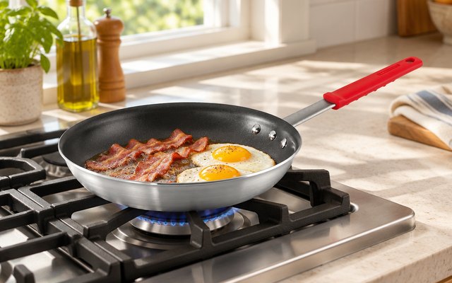 Tramontina Professional frying pan, on a gas burner in a sunny kitchen with a cast-iron grate