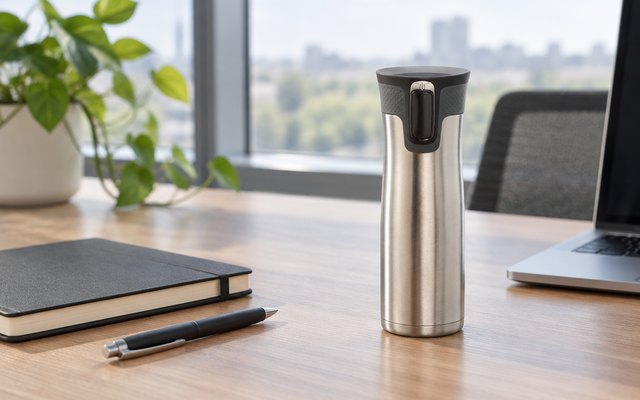 Contigo West Loop travel mug, on an office desk beside a closed notebook and a pen