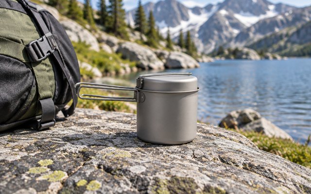 TOAKS titanium pot, sitting on a flat granite rock by an alpine lake beside a backpack