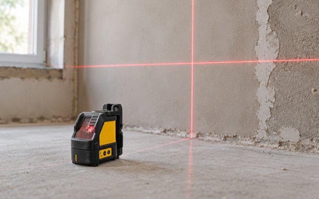 DEWALT DW088K cross line laser, standing on the floor of a half-plastered room, projecting red cross lines onto the wall