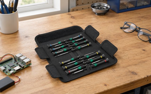 Precision screwdriver set in its open fabric pouch on a workshop bench