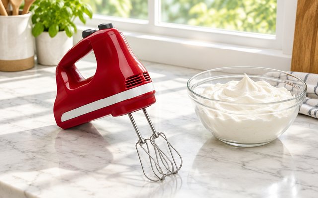KitchenAid 5-speed hand mixer, standing on a white marble counter beside a glass bowl of whipped cream by a sunny window