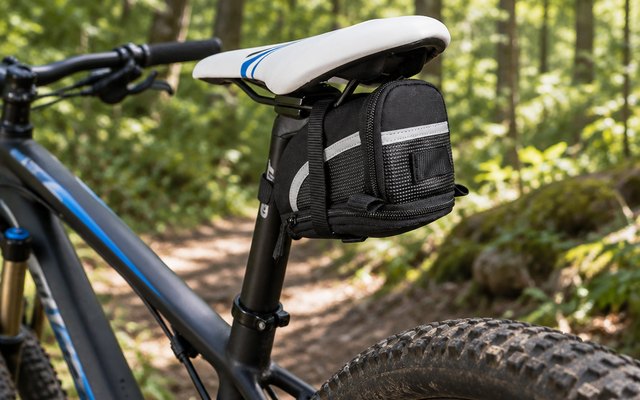 BV Strap-On Saddle Bag, under the saddle of a mountain bike on a forest trail, dappled light