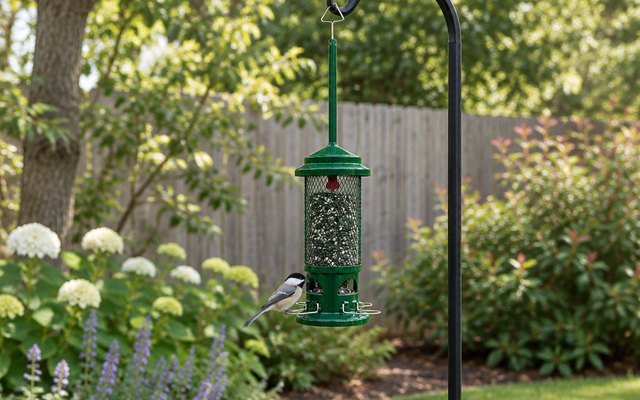 Squirrel Buster Standard bird feeder, hanging from a shepherd's hook in a backyard garden, a chickadee on the perch