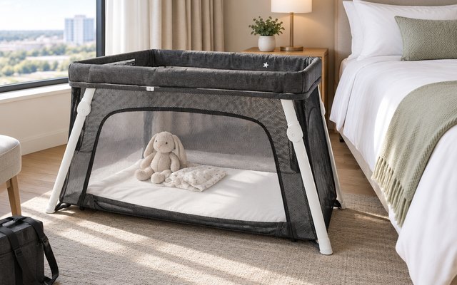 Guava Lotus Travel Crib, travel crib set up in a bright hotel room beside a bed, a soft toy inside