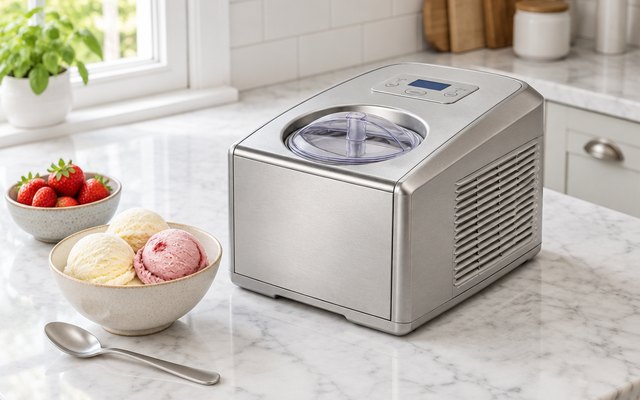Cuisinart ice cream and gelato maker, on a kitchen worktop beside a bowl of ice cream
