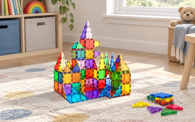 PicassoTiles magnetic tiles, on a playroom rug