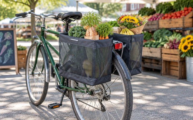 Bushwhacker grocery panniers, hung on the rear rack of a bicycle parked outside a farmers market, groceries in them