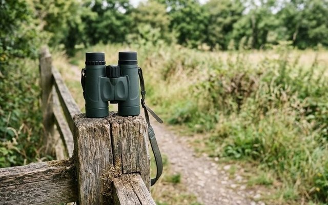 Green roof prism binoculars standing on a weathered fence post beside a country footpath