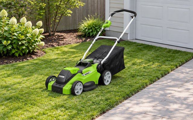 Greenworks 40V 16-inch mower, on a small side-yard lawn next to a garage and a paved path